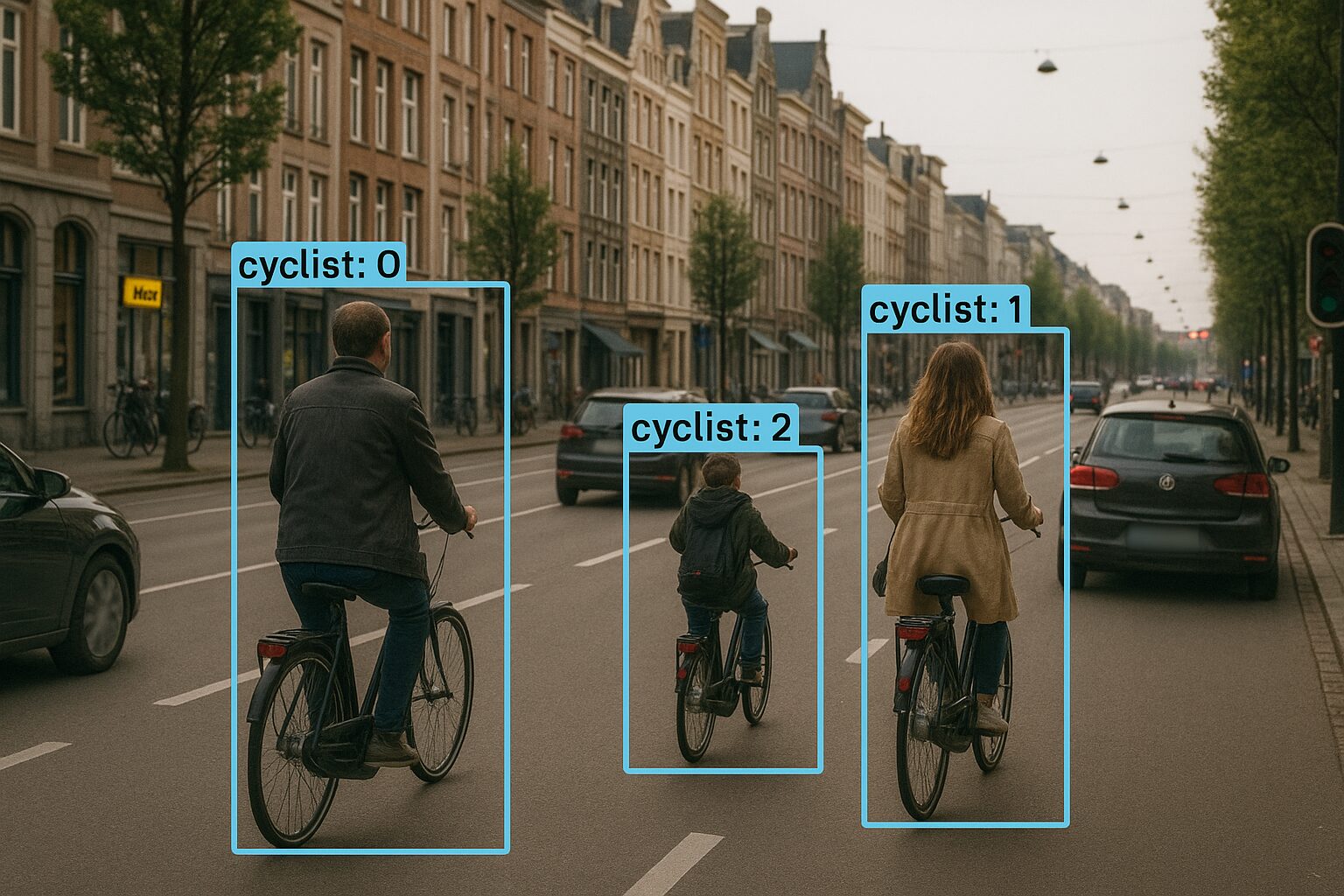 Fietsers in een stadsstraat met bomen, door de camera herkend en omkaderd